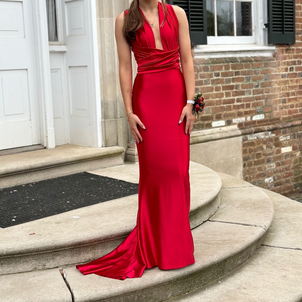 Portia & Scarlett Red Long V-neck Prom Dress